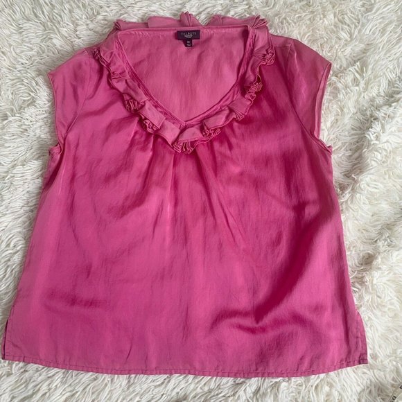 Talbots Blouse Silk Blend Ruffle Neck Size 10p Pink Cap Sleeve - Picture 3 of 11